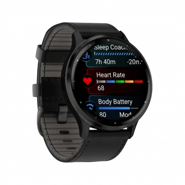 Смарт-годинник Garmin Venu 3 Slate stainless steel bezel з чорним корпусом та шкіряним ремінцем