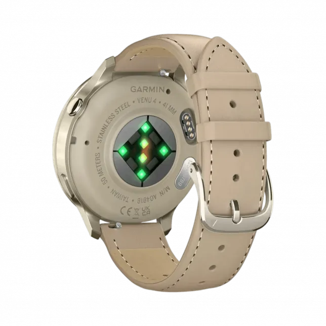 Смарт-годинник Garmin Venu 4 41 мм Lunar Gold з Bone світло-бежевим силіконовим та Light Sand бежевим шкіряним ремінцями