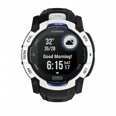 Смарт-годинник Garmin Instinct 3 50 мм, Solar Whitestone білий з Black/Bolt Blue чорним/синім силіконовим ремінцем