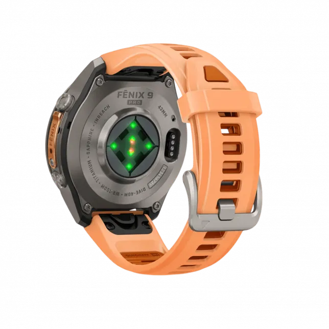 Смарт-годинник Garmin Fenix 9 Pro - inReach, 43мм Titanium з Shell Pink/Autumn Orange рожевим/помаранчевим силіконовим ремінцем