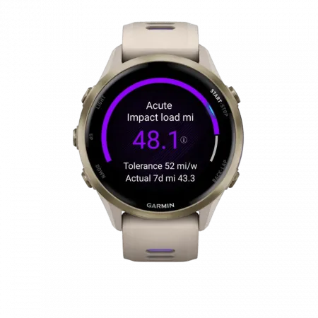 Смарт-годинник Garmin Forerunner 970 Soft Gold Titanium з French Grey корпусом та French Grey/Translucent Indigo сірим силіконовим ремінцем