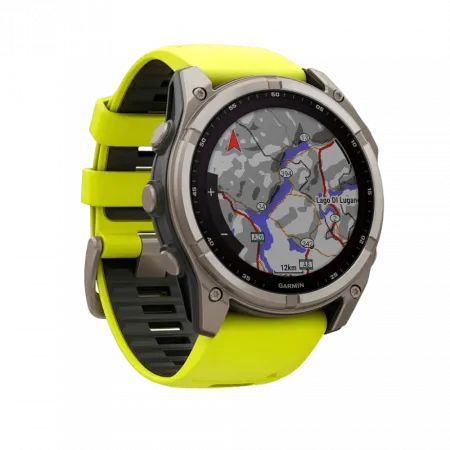 Смарт-годинник Garmin Fenix 8 51мм, Solar Sapphire, Titanium з Amp Yellow/Graphite жовтим силіконовим ремінцем