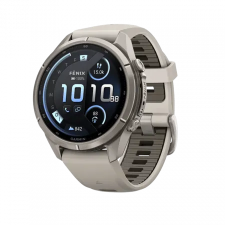 Смарт-годинник Garmin Fenix 9 Pro - inReach, 43мм Titanium з Fog Grey/Dark Sandstone сірим/темно сірим силіконовим ремінцем