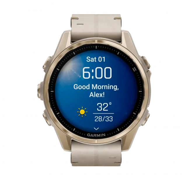 Смарт-годинник Garmin Fenix 8 43мм, AMOLED Sapphire, Soft Gold з Limestone сірим шкіряним ремінцем