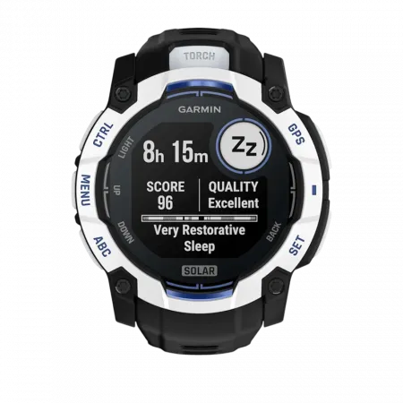 Смарт-годинник Garmin Instinct 3 50 мм, Solar Whitestone білий з Black/Bolt Blue чорним/синім силіконовим ремінцем