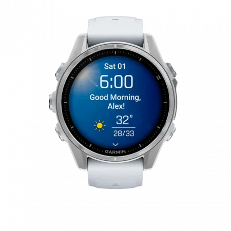 Смарт-годинник Garmin Fenix 8 43мм, AMOLED Silver з Whitestone білим силіконовим ремінцем