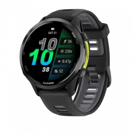 Смарт-годинник Garmin Forerunner 970 Carbon Grey DLC Titanium з Black корпусом та Black/Translucent Whitestone чорним силіконовим ремінцем