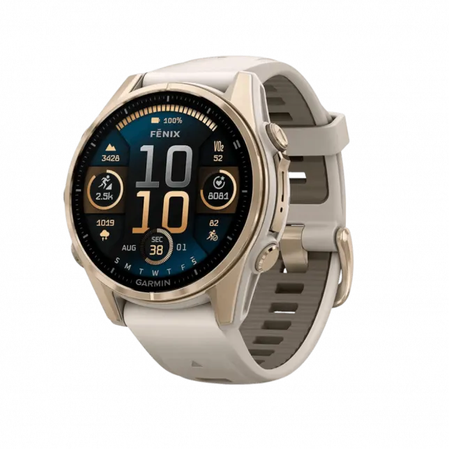 Смарт-годинник Garmin Fenix 8 43мм, AMOLED Sapphire, Soft Gold з Fog Gray/Dark Sandstone сірим силіконовим ремінцем