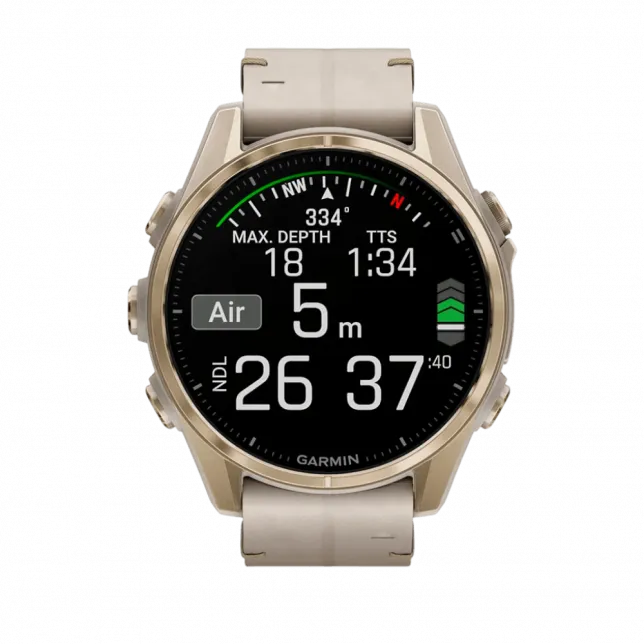 Смарт-годинник Garmin Fenix 8 43мм, AMOLED Sapphire, Soft Gold з Limestone сірим шкіряним ремінцем