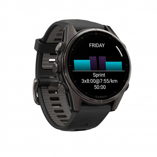 Смарт-годинник Garmin Fenix 8 43мм, AMOLED Sapphire, Carbon Grey DLC Titanium з Black/Pebble Grey чорним силіконовим ремінцем