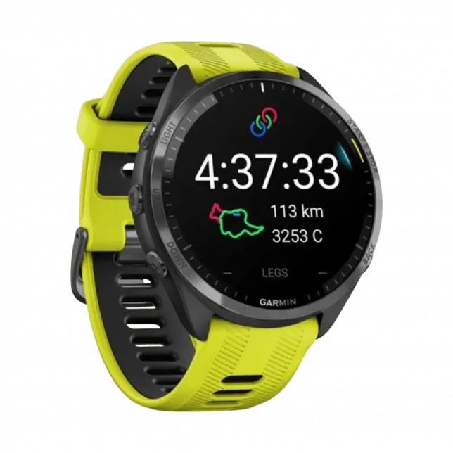 Смарт-годинник Garmin Forerunner 965 Carbon Grey DLC Titanium Bezel з чорним корпусом та Amp Yellow/Black силіконовим ремінцем