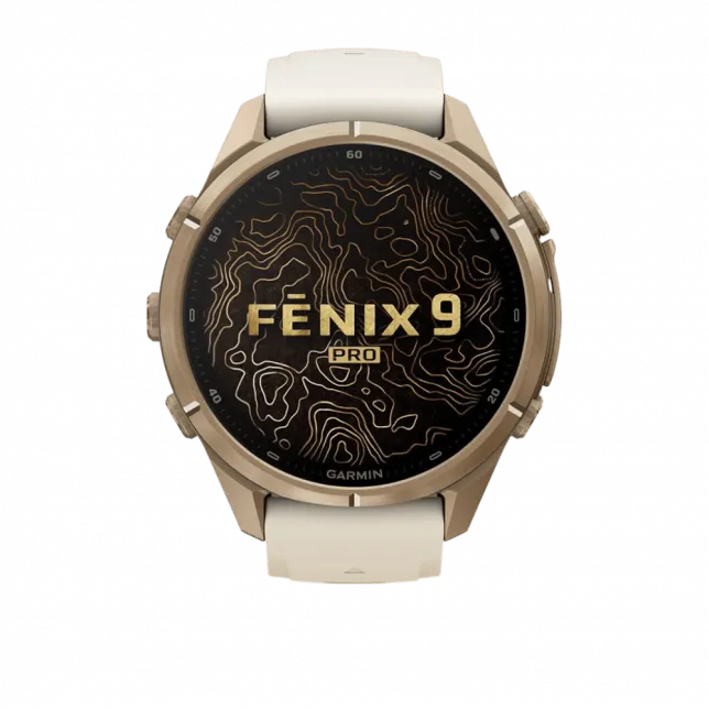 Смарт-годинник Garmin Fenix 9 Pro 43мм, Autumn Gold Titanium з Cream/French Grey бежевим силіконовим ремінцем