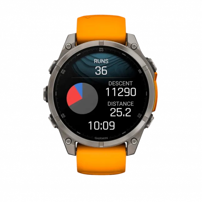 Смарт-годинник Garmin Fenix 8 47мм, AMOLED Sapphire, Titanium з Spark Orange/Graphite помаранчевим силіконовим ремінцем