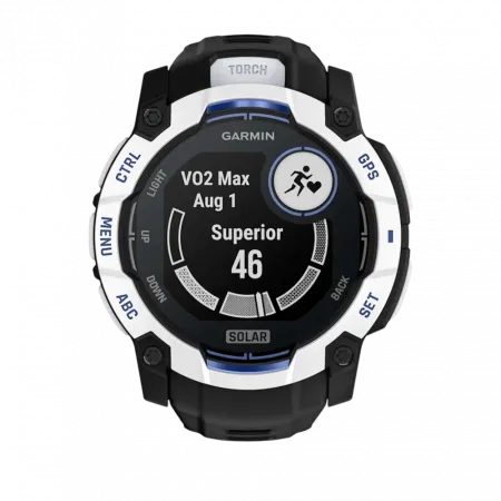 Смарт-годинник Garmin Instinct 3 50 мм, Solar Whitestone білий з Black/Bolt Blue чорним/синім силіконовим ремінцем