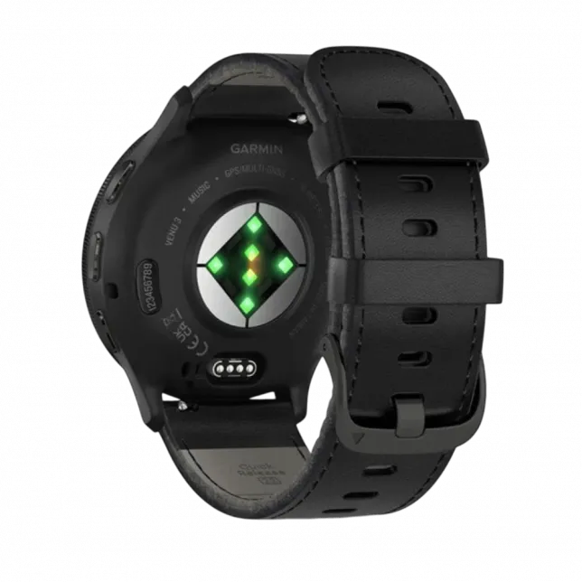 Смарт-годинник Garmin Venu 3 Slate stainless steel bezel з чорним корпусом та шкіряним ремінцем