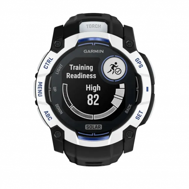 Смарт-годинник Garmin Instinct 3 50 мм, Solar Whitestone білий з Black/Bolt Blue чорним/синім силіконовим ремінцем