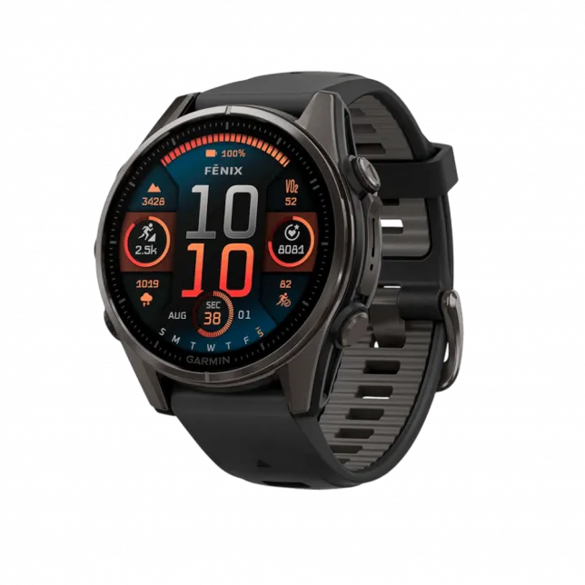 Смарт-годинник Garmin Fenix 8 43мм, AMOLED Sapphire, Carbon Grey DLC Titanium з Black/Pebble Grey чорним силіконовим ремінцем