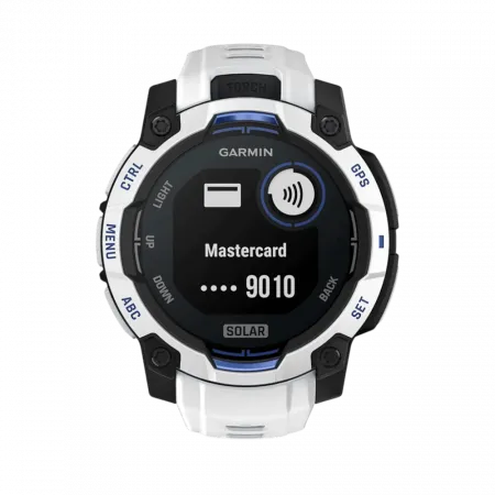 Смарт-годинник Garmin Instinct 3 45 мм, Solar Whitestone білий з Whitestone/Bolt Blue білим/синім силіконовим ремінцем