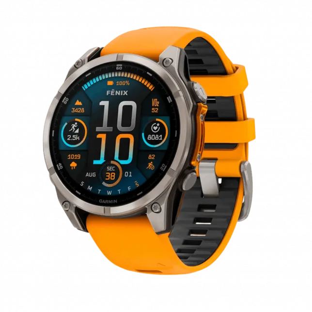 Смарт-годинник Garmin Fenix 8 47мм, AMOLED Sapphire, Titanium з Spark Orange/Graphite помаранчевим силіконовим ремінцем