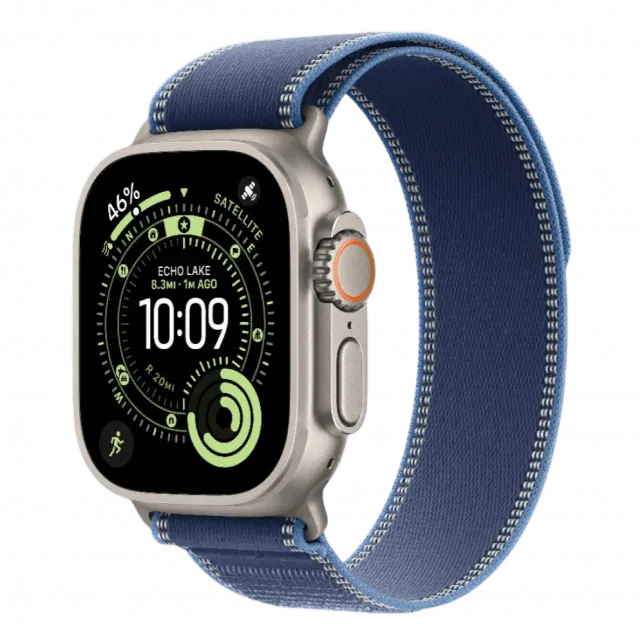 Apple Watch Ultra 3 GPS + LTE, 49mm Natural Titanium Case with Blue/Bright Blue Trail Loop - S/M