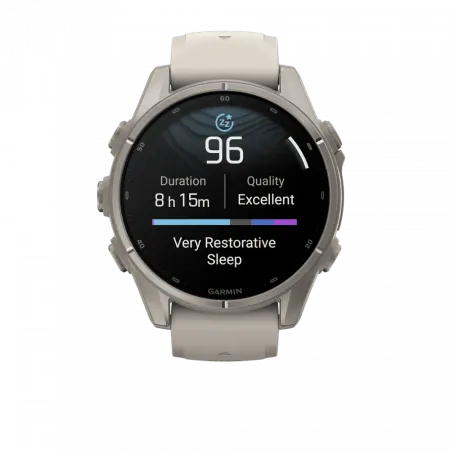 Смарт-годинник Garmin Fenix 9 43мм, Titanium з Fog Gray сірим силіконовим ремінцем