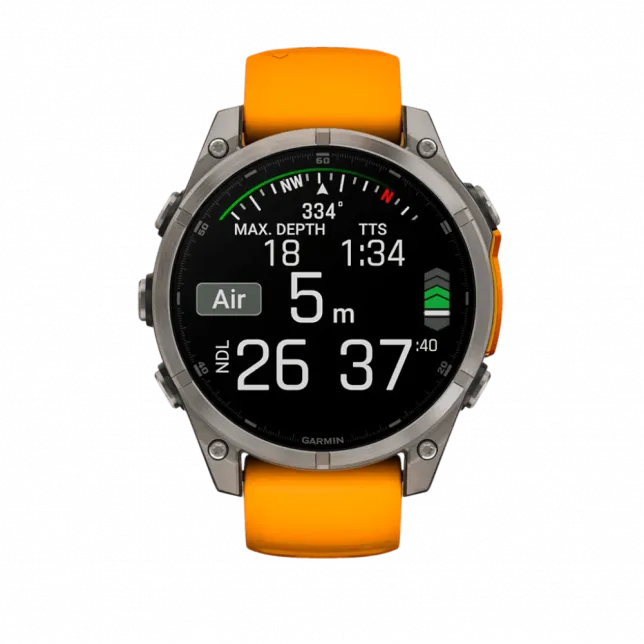 Смарт-годинник Garmin Fenix 8 47мм, AMOLED Sapphire, Titanium з Spark Orange/Graphite помаранчевим силіконовим ремінцем