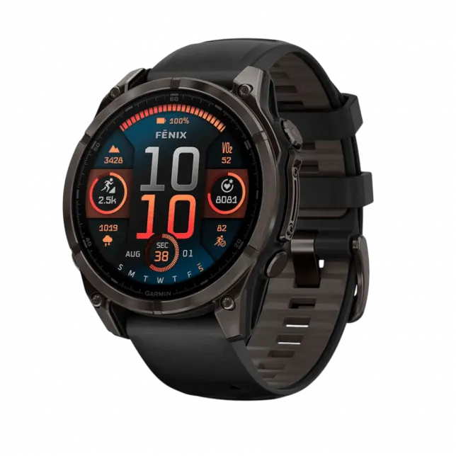 Смарт-годинник Garmin Fenix 8 47мм, AMOLED Sapphire, Carbon Grey DLC Titanium з Black/Pebble Grey чорним силіконовим ремінцем