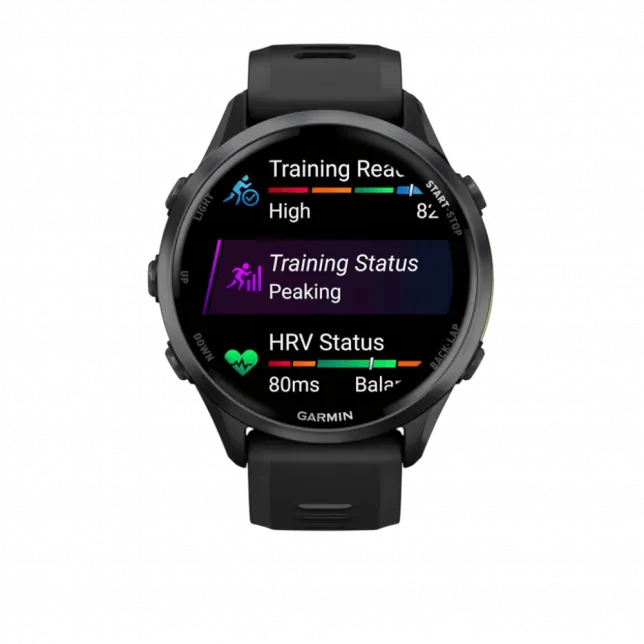 Смарт-годинник Garmin Forerunner 970 Carbon Grey DLC Titanium з Black корпусом та Black/Translucent Whitestone чорним силіконовим ремінцем