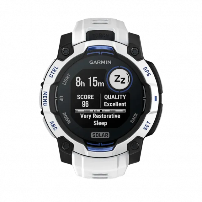 Смарт-годинник Garmin Instinct 3 45 мм, Solar Whitestone білий з Whitestone/Bolt Blue білим/синім силіконовим ремінцем