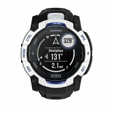 Смарт-годинник Garmin Instinct 3 50 мм, Solar Whitestone білий з Black/Bolt Blue чорним/синім силіконовим ремінцем