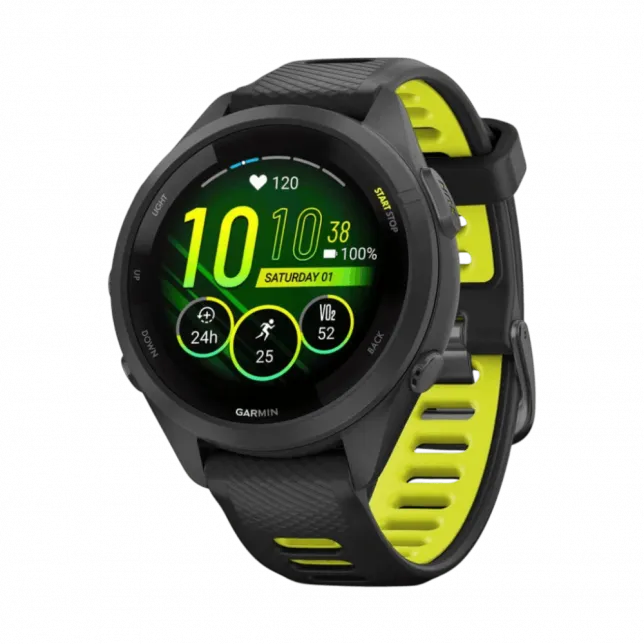 Смарт-годинник Garmin Forerunner 265S з чорним корпусом та Black/Amp Yellow чорним силіконовим ремінцем