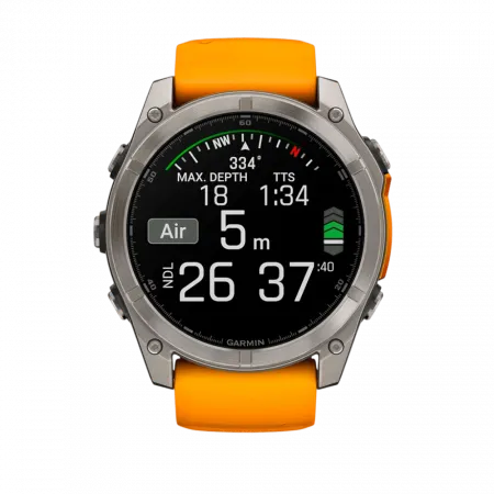 Смарт-годинник Garmin Fenix 8 51мм, AMOLED Sapphire, Titanium з Spark Orange/Graphite помаранчевим силіконовим ремінцем