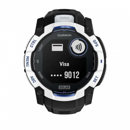 Смарт-годинник Garmin Instinct 3 50 мм, Solar Whitestone білий з Black/Bolt Blue чорним/синім силіконовим ремінцем