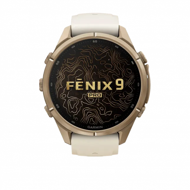 Смарт-годинник Garmin Fenix 9 Pro - inReach, 43мм Autumn Gold Titanium з Cream/French Grey бежевим/сірим силіконовим ремінцем