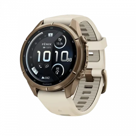 Смарт-годинник Garmin Fenix 9 Pro - inReach, 43мм Autumn Gold Titanium з Cream/French Grey бежевим/сірим силіконовим ремінцем