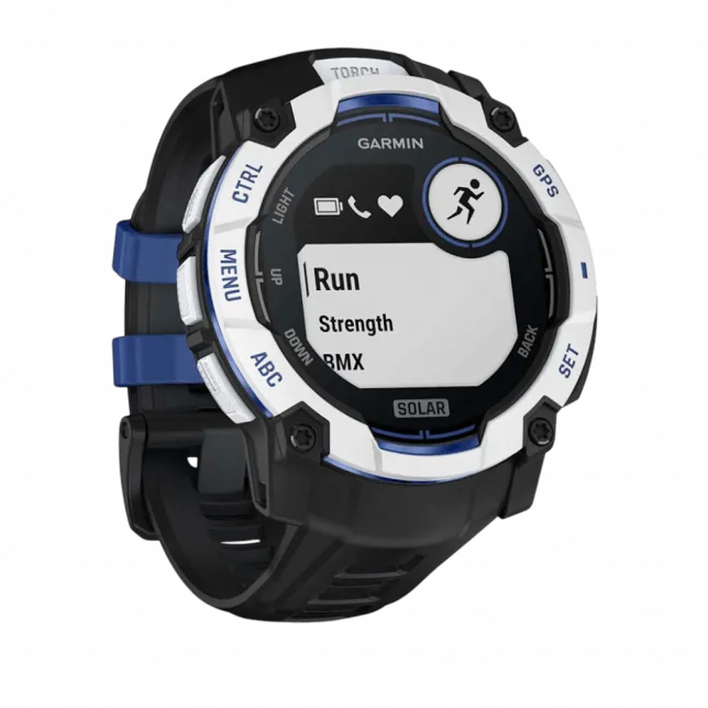 Смарт-годинник Garmin Instinct 3 50 мм, Solar Whitestone білий з Black/Bolt Blue чорним/синім силіконовим ремінцем