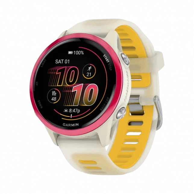 Смарт-годинник Garmin Forerunner 570 42мм Raspberry Aluminum з Translucent Bone/Mango світло-бежевим силіконовим ремінцем
