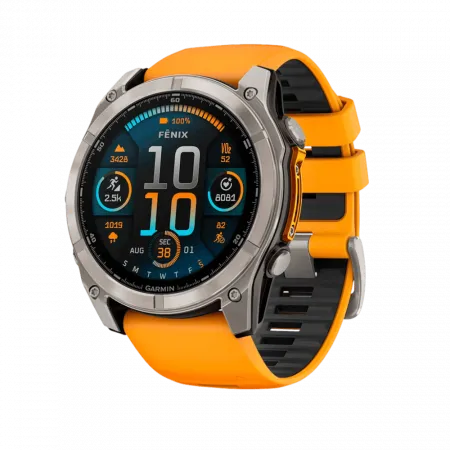 Смарт-годинник Garmin Fenix 8 51мм, AMOLED Sapphire, Titanium з Spark Orange/Graphite помаранчевим силіконовим ремінцем