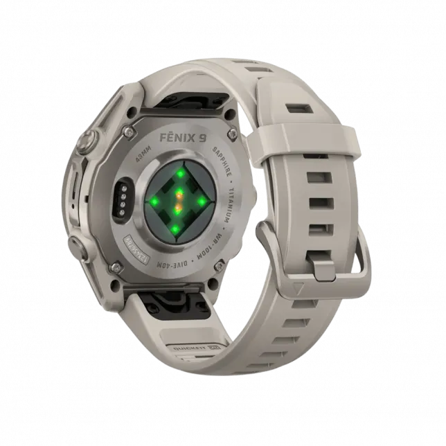 Смарт-годинник Garmin Fenix 9 43мм, Titanium з Fog Gray сірим силіконовим ремінцем