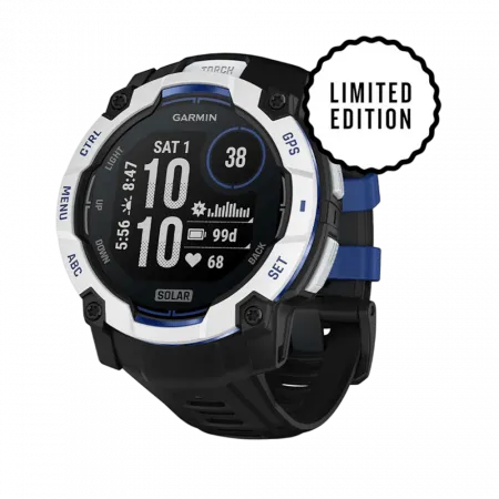 Смарт-годинник Garmin Instinct 3 50 мм, Solar Whitestone білий з Black/Bolt Blue чорним/синім силіконовим ремінцем