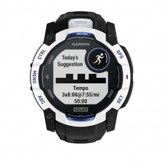Смарт-годинник Garmin Instinct 3 50 мм, Solar Whitestone білий з Black/Bolt Blue чорним/синім силіконовим ремінцем