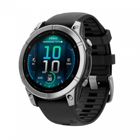Смарт-годинник Garmin Fenix E 47мм, AMOLED Stainless Steel з чорним силіконовим ремінцем