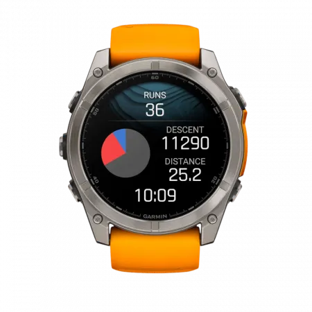 Смарт-годинник Garmin Fenix 8 51мм, AMOLED Sapphire, Titanium з Spark Orange/Graphite помаранчевим силіконовим ремінцем