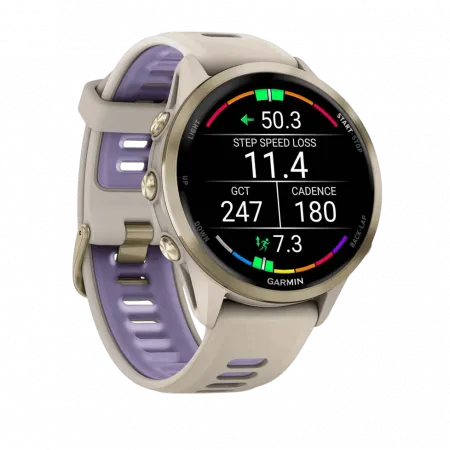Смарт-годинник Garmin Forerunner 970 Soft Gold Titanium з French Grey корпусом та French Grey/Translucent Indigo сірим силіконовим ремінцем