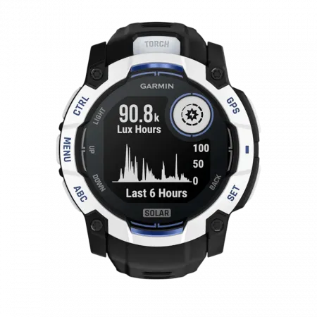 Смарт-годинник Garmin Instinct 3 50 мм, Solar Whitestone білий з Black/Bolt Blue чорним/синім силіконовим ремінцем
