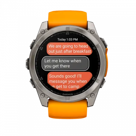 Смарт-годинник Garmin Fenix 8 51мм, AMOLED Sapphire, Titanium з Spark Orange/Graphite помаранчевим силіконовим ремінцем