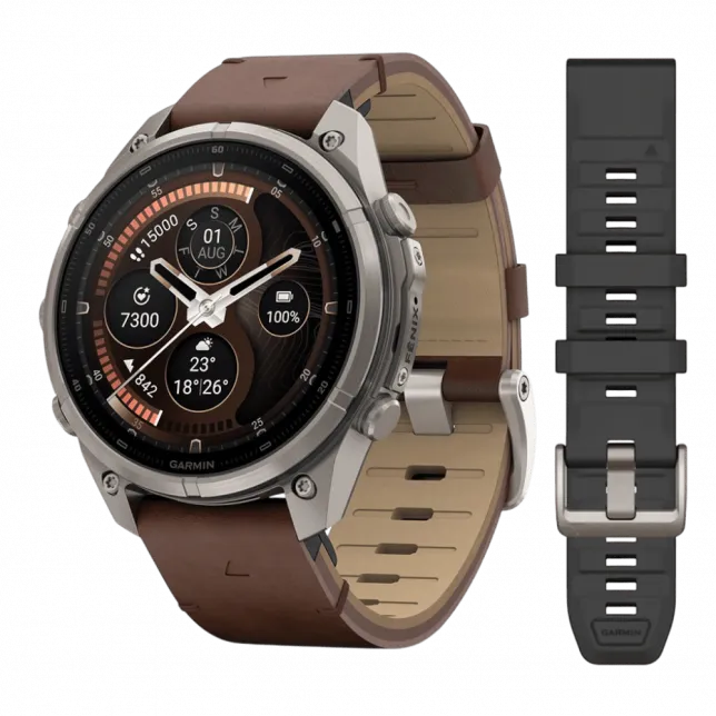 Смарт-годинник Garmin Fenix 9 Pro - inReach, 47мм Titanium з Walnut коричневим шкіряним ремінцем
