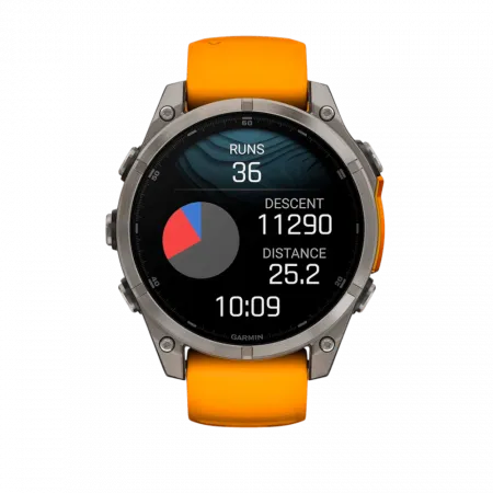 Смарт-годинник Garmin Fenix 8 47мм, AMOLED Sapphire, Titanium з Spark Orange/Graphite помаранчевим силіконовим ремінцем