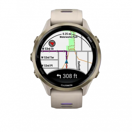 Смарт-годинник Garmin Forerunner 970 Soft Gold Titanium з French Grey корпусом та French Grey/Translucent Indigo сірим силіконовим ремінцем