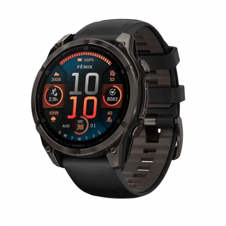 Смарт-годинник Garmin Fenix 8 47мм, AMOLED Sapphire, Carbon Grey DLC Titanium з Black/Pebble Grey чорним силіконовим ремінцем